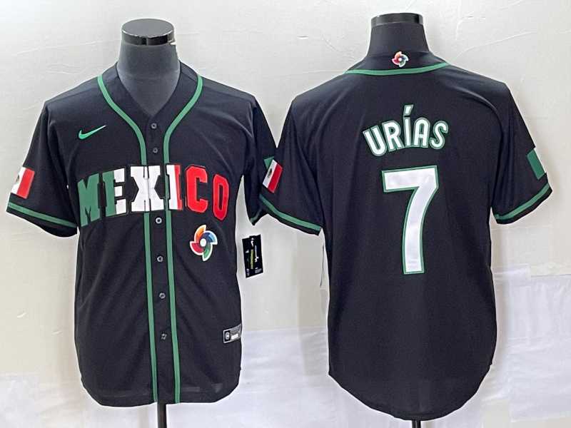 Mens Mexico Baseball #7 Julio Urias 2023 Black White World Classic Stitched Jersey 1